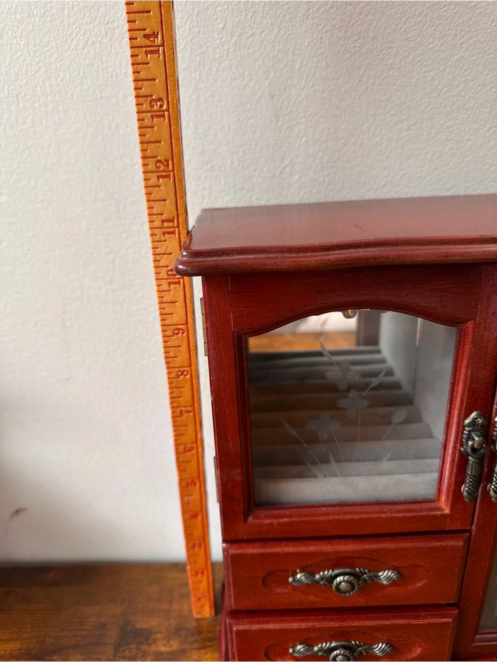 VTG Wooden Jewelry Box Armoire Etched Glass Cabinet Drawers Necklace Carousel